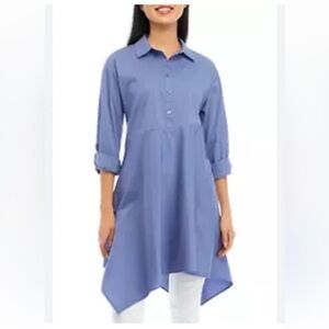 Cupio Long Sleeve Shirt Dress medium Colony Blue Shark Bite Asymmetric Roll Tab